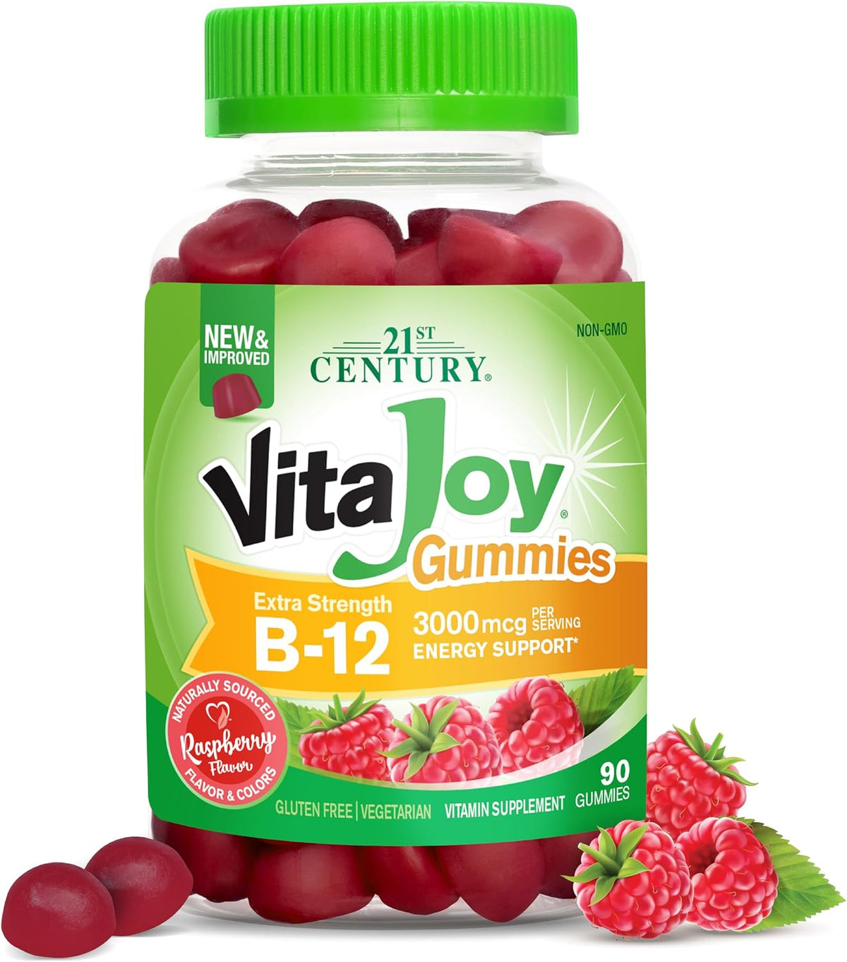 21st Century Extra Strength Vitamin B12 Gummies 3000 mcg - Energy and Nerve Support, Vegan and Gluten-free, Raspberry, 90 Count - görsel 1