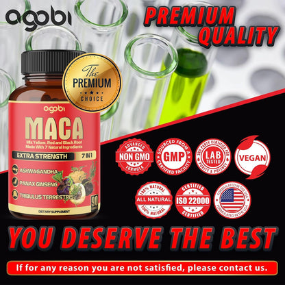 agobi Maca Root Capsules - 7-in-1 Herbal Blend for Energy and Mood, 90 Vegan Capsules (3-Month Supply)