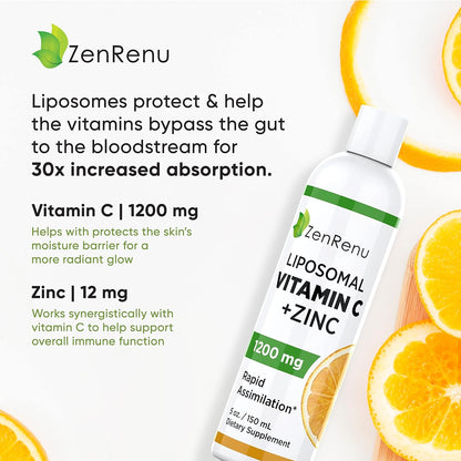 Liposomal Vitamin C and Zinc Liquid Drink for Adults & Children - Non-GMO Sunflower Lecithin - Maximum Antioxidant & Immune Support, 150 ml