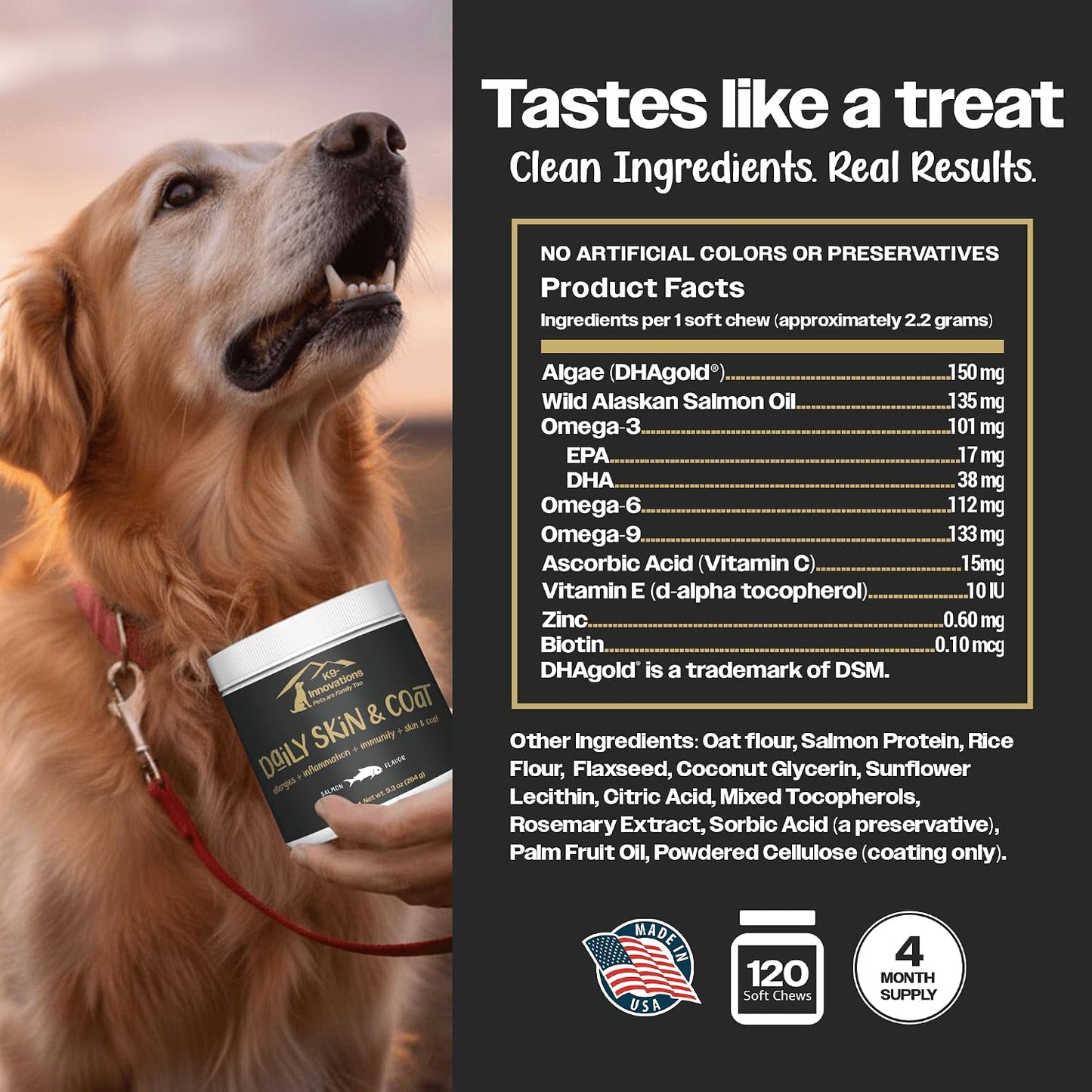 K9-Innovations - Daily Skin & Coat Dog Chews Salmon Flavour - Reduce Itching & Paw Chewing, Omega-3 & Vitamin C for Skin Health - 1-4 Month Supply (120 Chews) - görsel 2