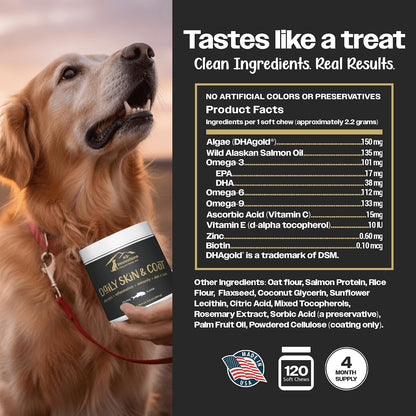 K9-Innovations - Daily Skin & Coat Dog Chews Salmon Flavour - Reduce Itching & Paw Chewing, Omega-3 & Vitamin C for Skin Health - 1-4 Month Supply (120 Chews)