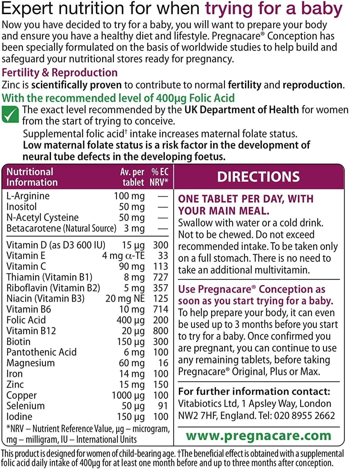 Vitabiotics Pregnacare Before Conception - 30 Tablets - görsel 2