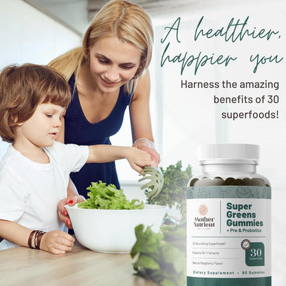 Mother Nutrient Super Greens Gummies – 30 Superfoods with Prebiotics & Probiotics – Multivitamin Vegetable Chewables (90 Gummies)