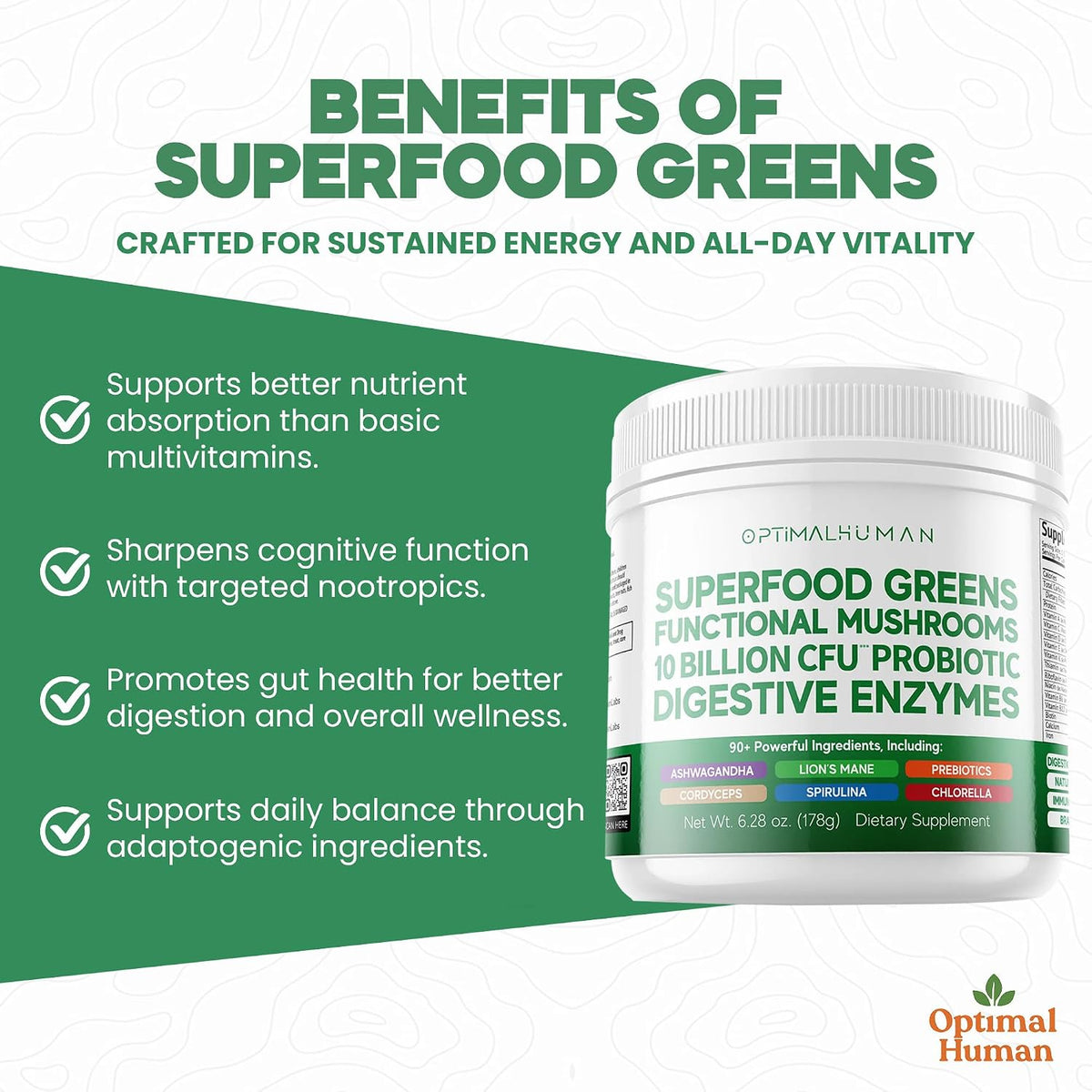 Optimum Human Superfood Greens Powder – 90+ Ingredient Blend with Lion’s Mane, Ashwagandha & Turmeric – Non-GMO, Soya-Free, Mushroom Supplements for Women – 178 g - görsel 3