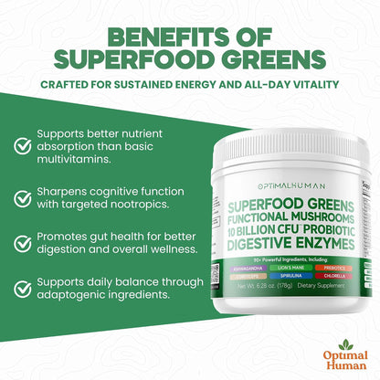 Optimum Human Superfood Greens Powder – 90+ Ingredient Blend with Lion’s Mane, Ashwagandha & Turmeric – Non-GMO, Soya-Free, Mushroom Supplements for Women – 178 g