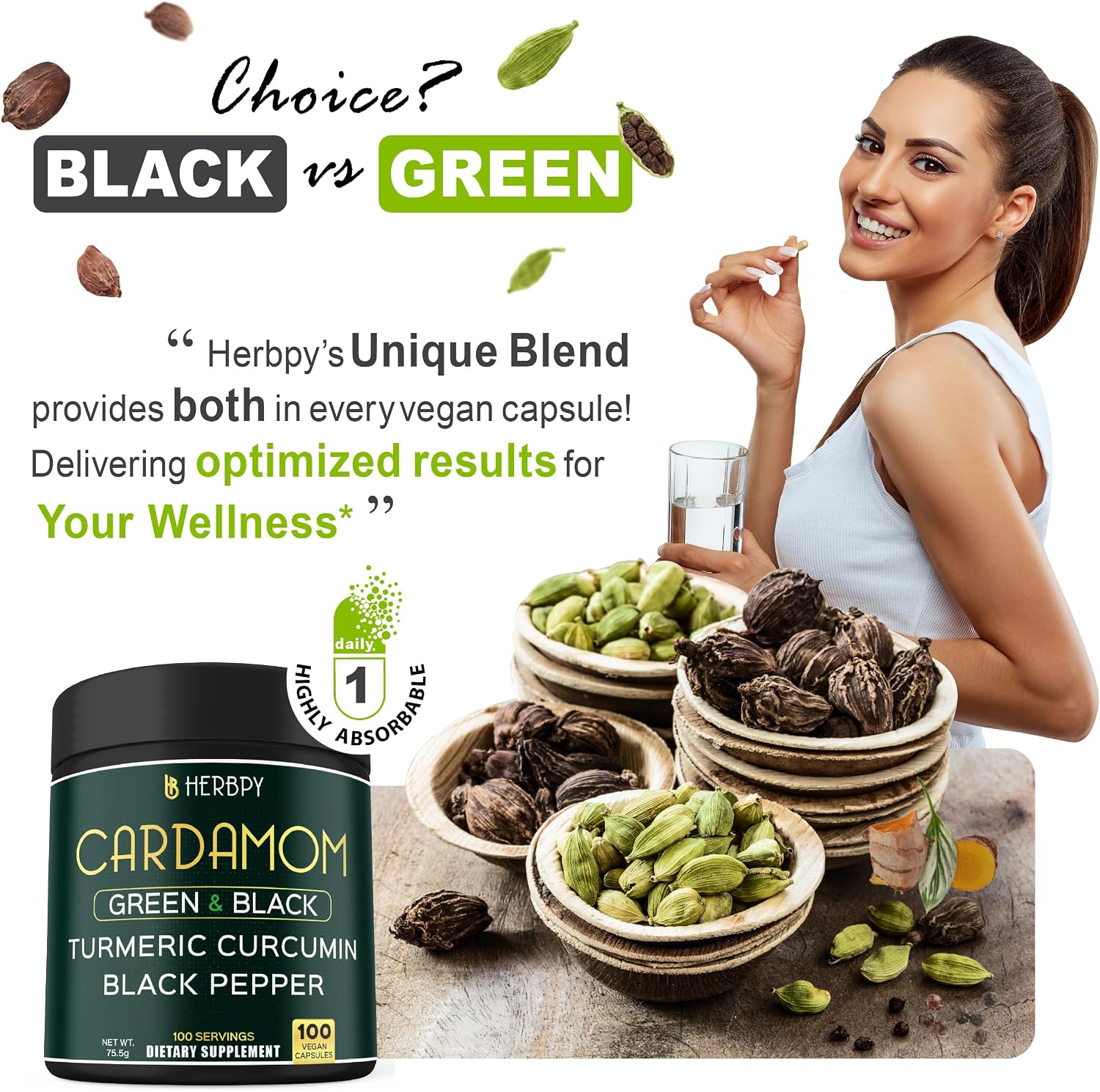 Herbpy 4-in-1 Cardamom Supplement - Green & Black Cardamom Seeds with Turmeric & Black Pepper – Digestive Health & Natural Wellness, 100 Vegan Capsules - görsel 4