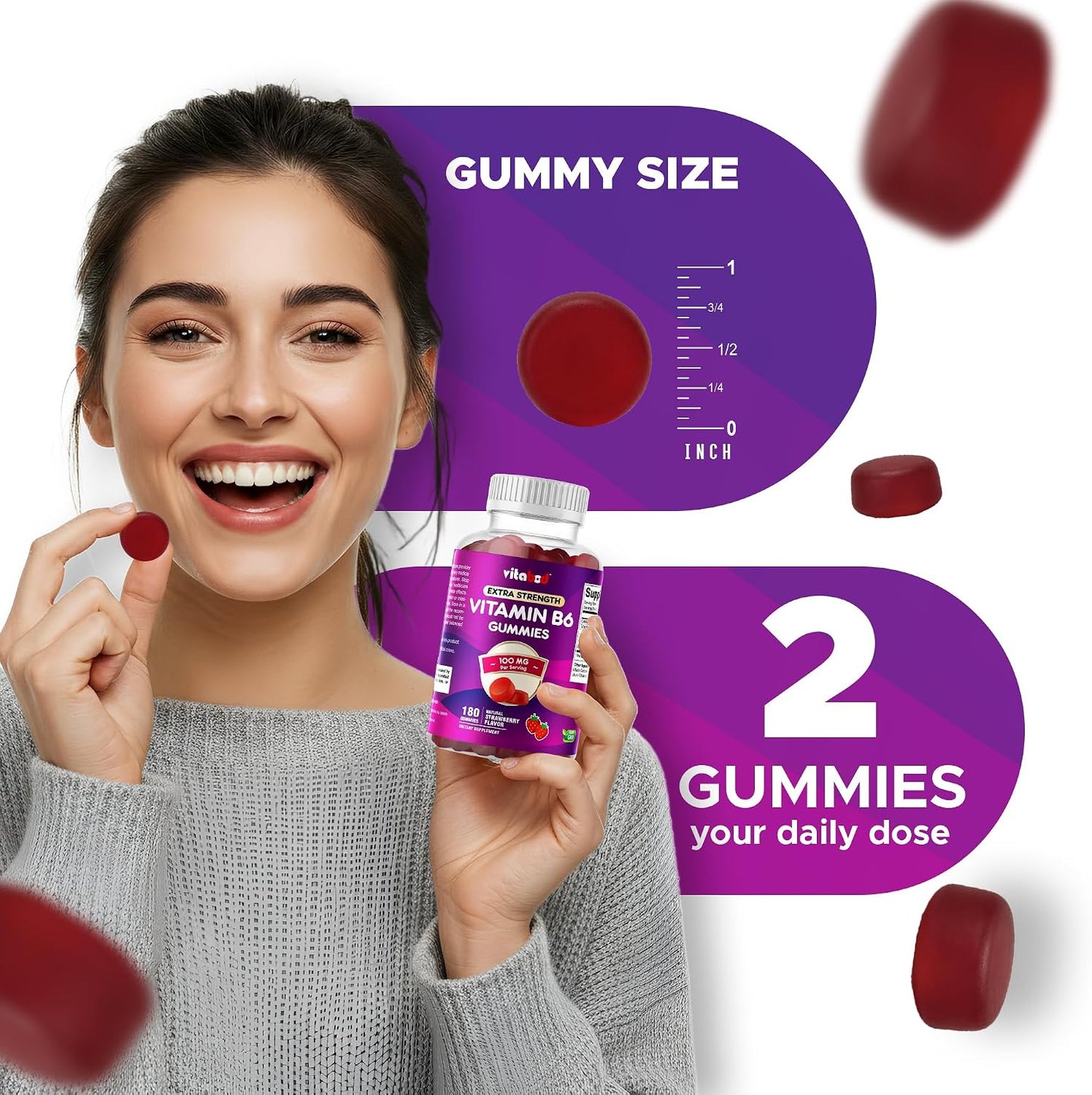 Vitabod Extra Strength Vitamin B6 Gummies 100mg – 180 Pectin-Based Gummies – Supports Energy Metabolism and Nervous System Health – Non-GMO - görsel 3