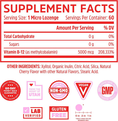 Zhou Methyl B12 - Methyl B-12 Supplement for Adults, Vitamin B12 5000 mcg, Vegan Friendly, Energy Metabolism and Nervous System Support, Methylcobalamin - 60 Micro Lozenges