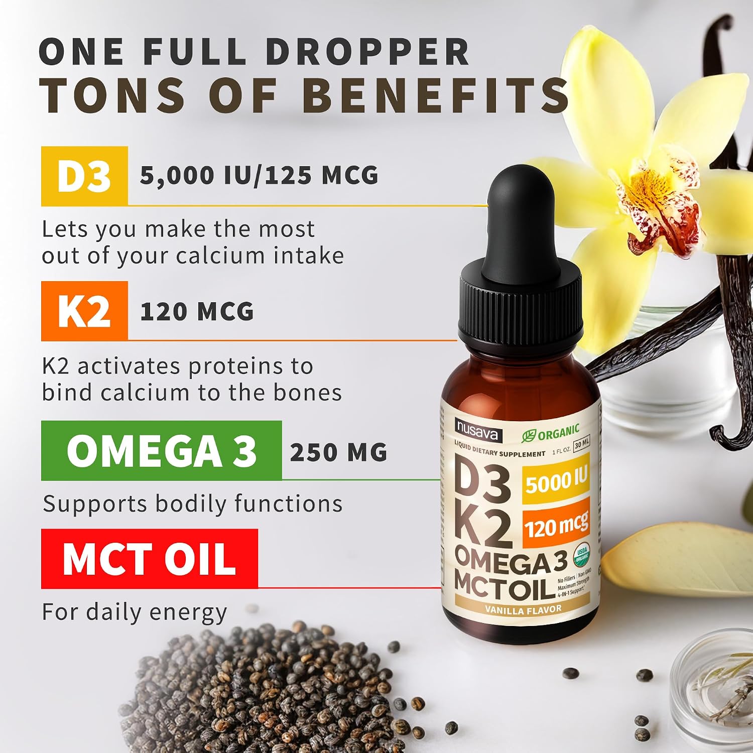 (Pack of 2) Organic Vitamin D3 K2 Drops with MCT Oil & Omega-3 – Liquid Vitamin D3 5000 IU – K2 D3 Supplement – Non-GMO, GMP, Vanilla (60 ml) - görsel 3