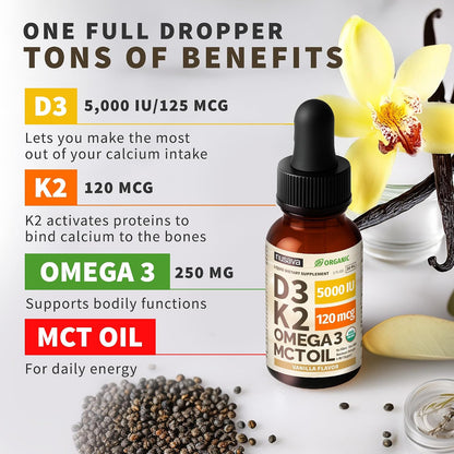 (Pack of 2) Organic Vitamin D3 K2 Drops with MCT Oil & Omega-3 – Liquid Vitamin D3 5000 IU – K2 D3 Supplement – Non-GMO, GMP, Vanilla (60 ml)