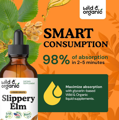 Wild & Organic Slippery Elm Liquid Drops - Lung, Digestive & Women's Support - Slippery Elm Bark Supplement - Add to Tea Tincture - Ulmus Rubra Herb - Vegan, Sugar & Alcohol-Free - 118 ml (4 fl oz)