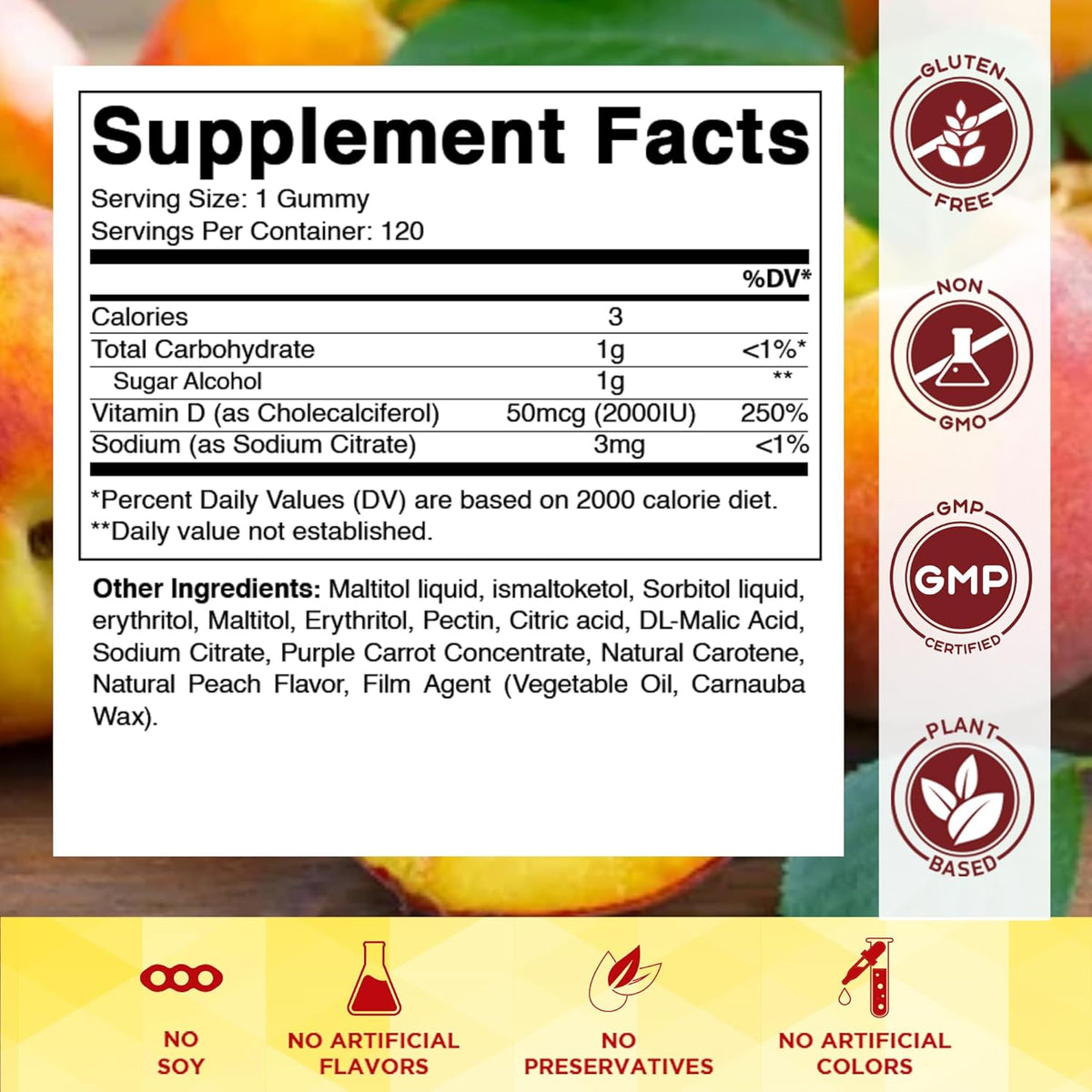 Vitamatic Sugar Free Vitamin D3 2000 IU Gummies - Peach Flavour, 120 Count - görsel 2