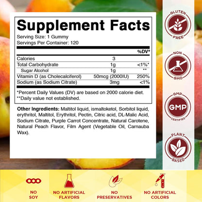 Vitamatic Sugar Free Vitamin D3 2000 IU Gummies - Peach Flavour, 120 Count