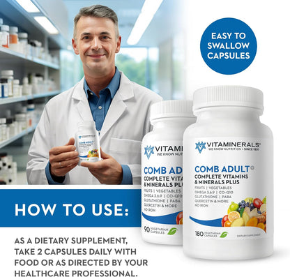 Vitaminerals CombAdult Comprehensive Vitamin & Mineral Formula | Non-GMO | Vegetable Capsules (90)