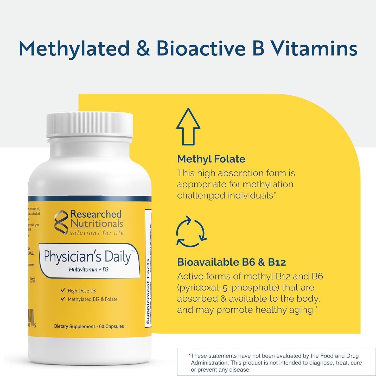 Researched Nutritionals Physician's Daily + D3 - Methylated Multivitamin for Men and Women with Methylated B12, B6, Methylfolate & Vitamin D3 2000 IU (50 µg) - Daily Heart & Cognitive Support (60 Capsules) - görsel 3