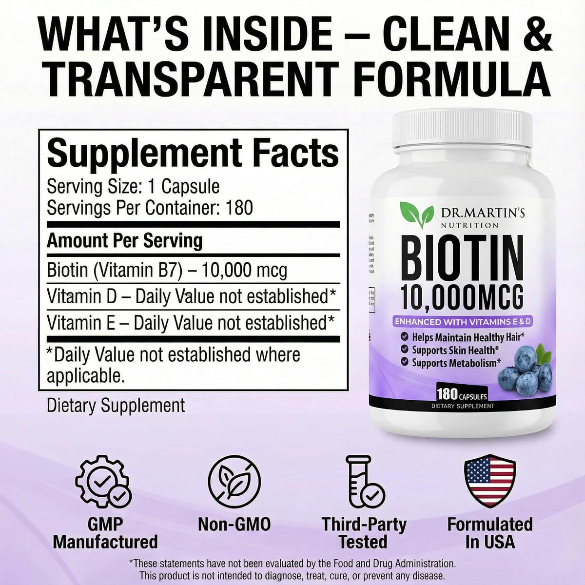 DR. MARTIN'S NUTRITION Biotin 10,000 mcg with Vitamins D3 & E – 180 Capsules - görsel 7