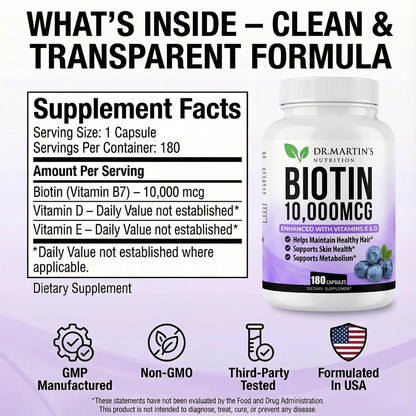 DR. MARTIN'S NUTRITION Biotin 10,000 mcg with Vitamins D3 & E – 180 Capsules