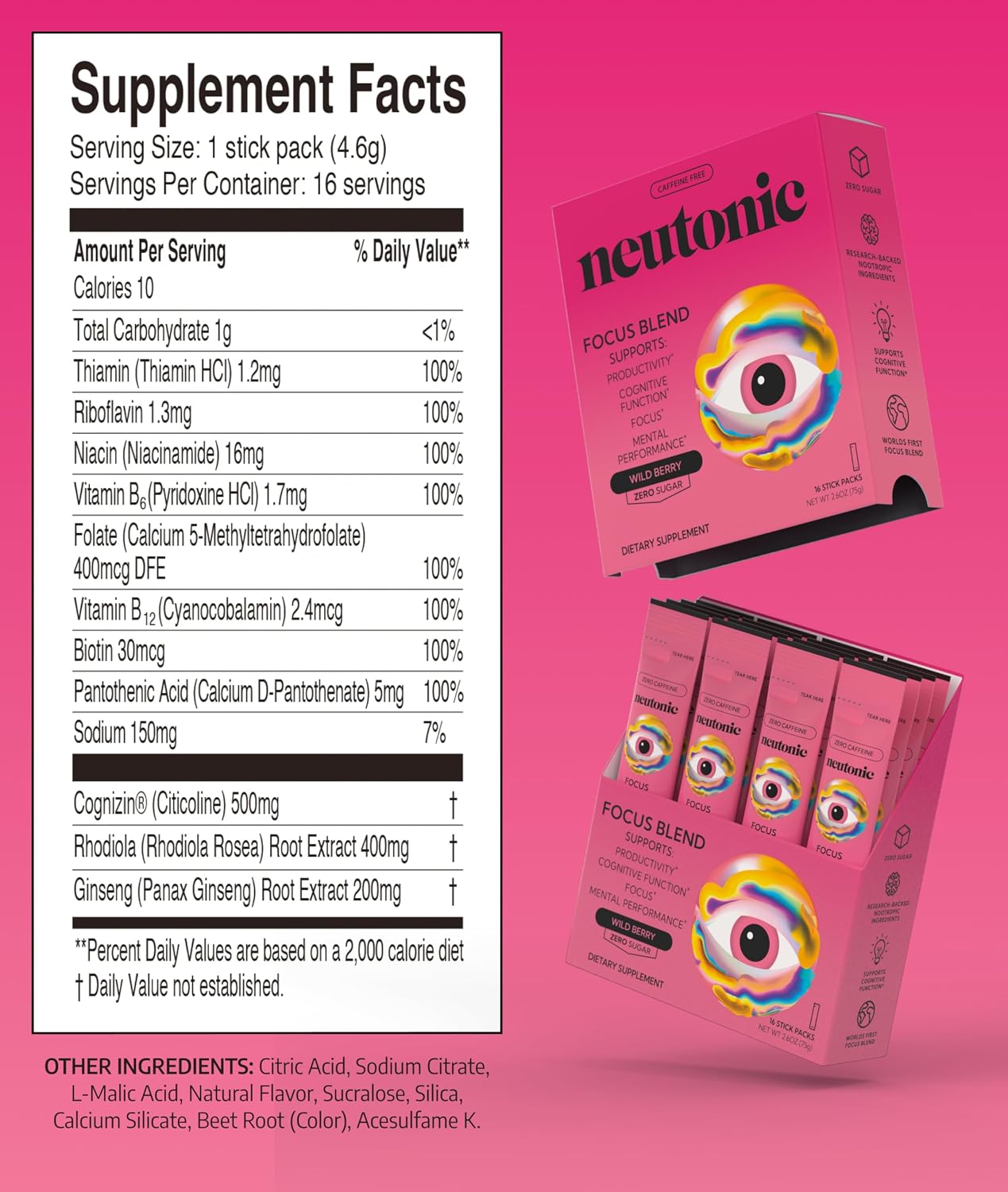 Neutonic Nootropic Focus Blend Powder – Wild Berry Flavour, 16 Sticks, Caffeine-Free, No Added Sugar - görsel 7