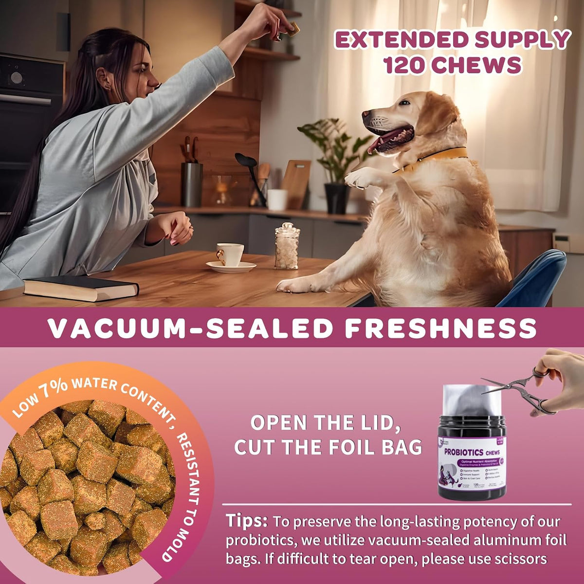 NATURE TARGET Probiotics for Dogs, 120 Soft Chews, Chicken Flavour | Plus Digestive Enzymes & Prebiotic for Digestive Health, Fish Oil & Vitamins Supplement for Allergies & Immune & Itchy Skin - görsel 3
