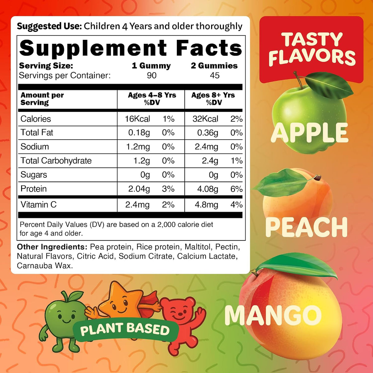 Bear Bites Gummies - Plant-Based Kids Protein Gummies – Vegan, Sugar Free, Gluten-free, Vitamin C – Immune Support, Protein Snacks – Tasty Apple, Peach, Mango Flavours – 90 Count – No Artificial Flavours - görsel 2