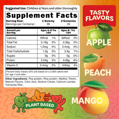 Bear Bites Gummies - Plant-Based Kids Protein Gummies – Vegan, Sugar Free, Gluten-free, Vitamin C – Immune Support, Protein Snacks – Tasty Apple, Peach, Mango Flavours – 90 Count – No Artificial Flavours