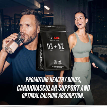 FITAID Essentials Vitamin D3 K2 5000 IU Supplement - 125mcg D3 + 100mcg K2 MK7, 120 Vegetable Capsules