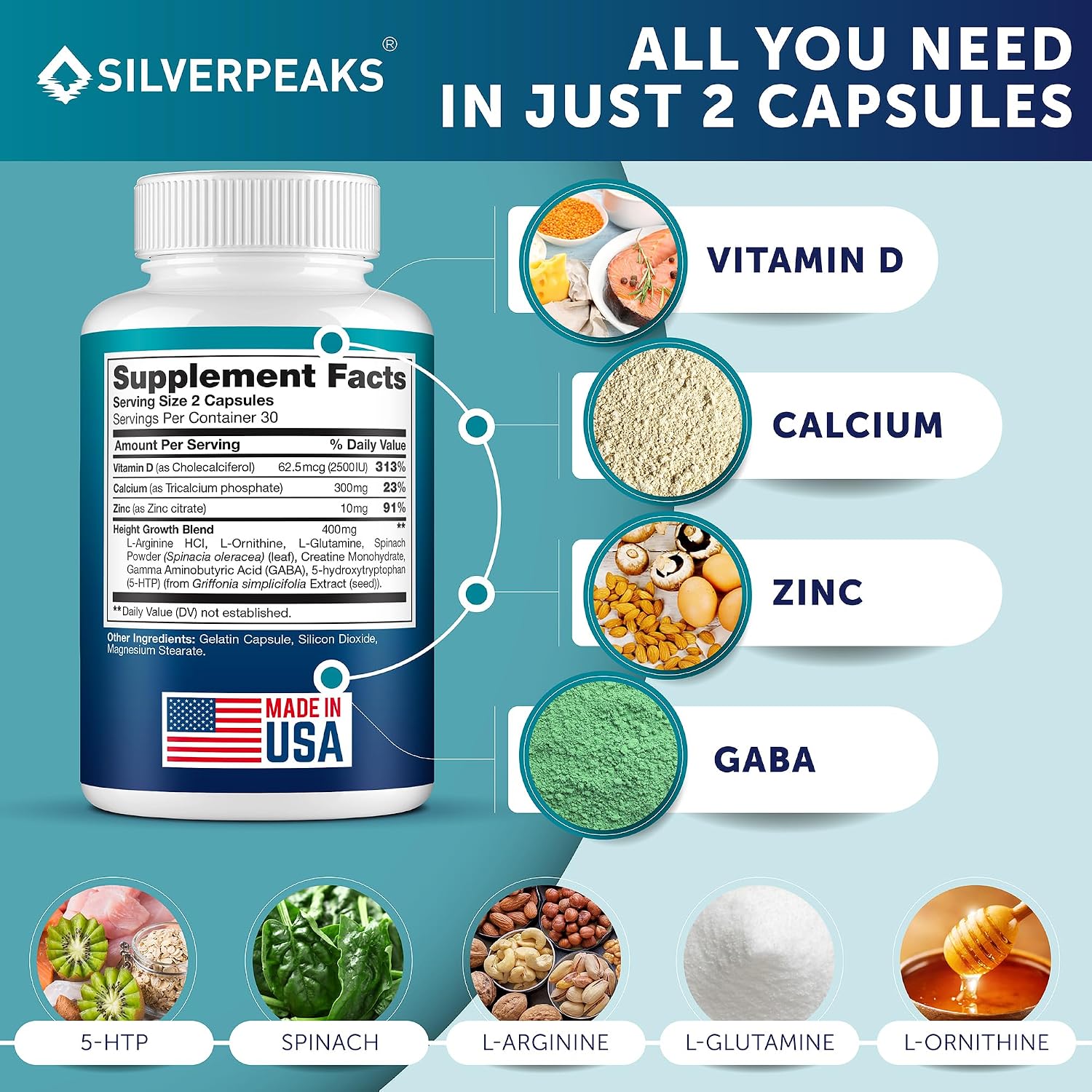 Height Growth Maximizer - Natural Capsules to Support Height Potential | Made in the USA with Calcium, Zinc, GABA & Vitamin D3 for Bone Strength and Joint Support* | Hormone-Free, 60 Capsules - görsel 3
