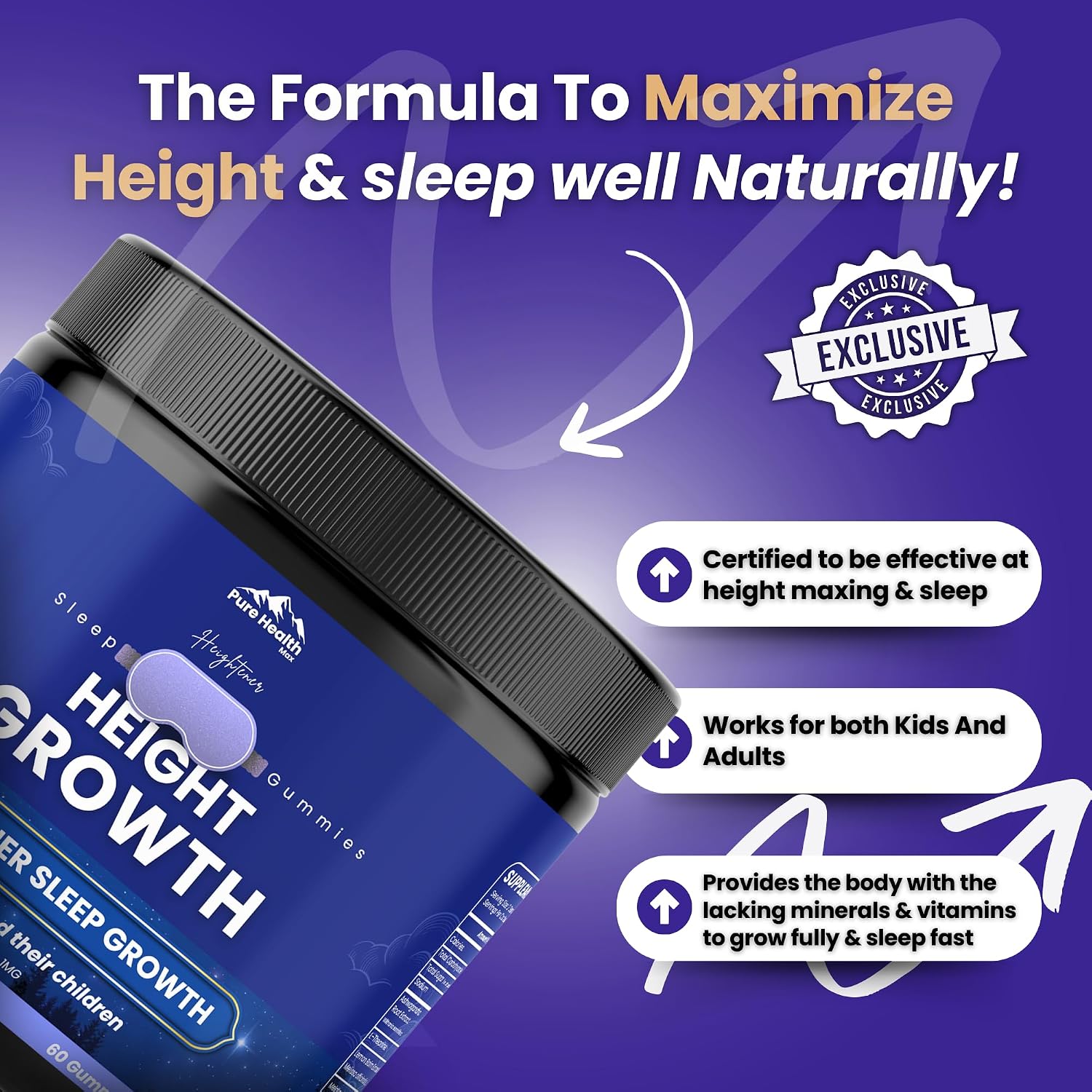 Heightener Height Growth Sleep Gummies - Vitamins to Support Height Potential, Natural Height Support Supplement for Kids and Adults | Calcium & Melatonin Multivitamin - 60 Gummies - görsel 6