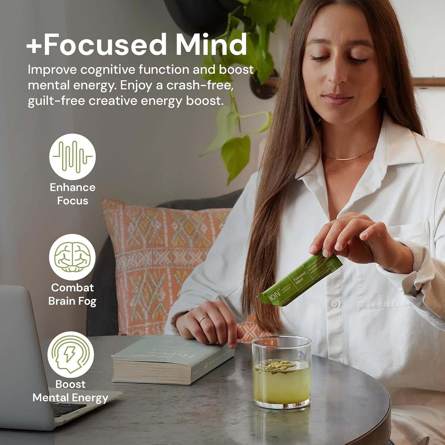 ION* Focused Mind Nootropic Powder Drink Mix - Matcha & Adaptogen Blend for Memory, Focus & Relaxation - 20 Sachets - görsel 3