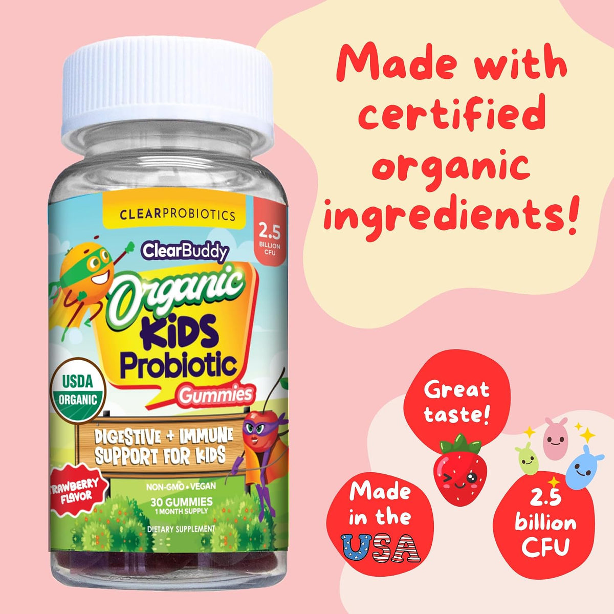 Clear Buddy Probiotics for Kids Ages 2–6 | USDA Organic Gummies with DE111 | Immune & Digestive Support | 30-Day Supply - görsel 9