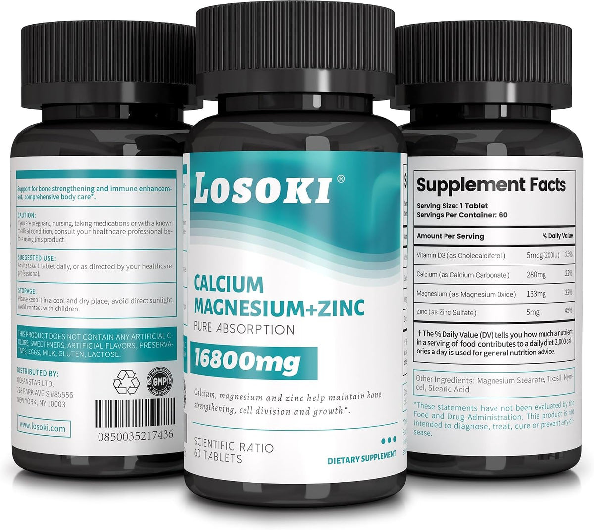 Losoki Calcium Magnesium Zinc – Supplement for Bone Health & Immune Support with Vitamin D – 60 Tablets - görsel 4