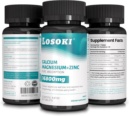 Losoki Calcium Magnesium Zinc – Supplement for Bone Health & Immune Support with Vitamin D – 60 Tablets