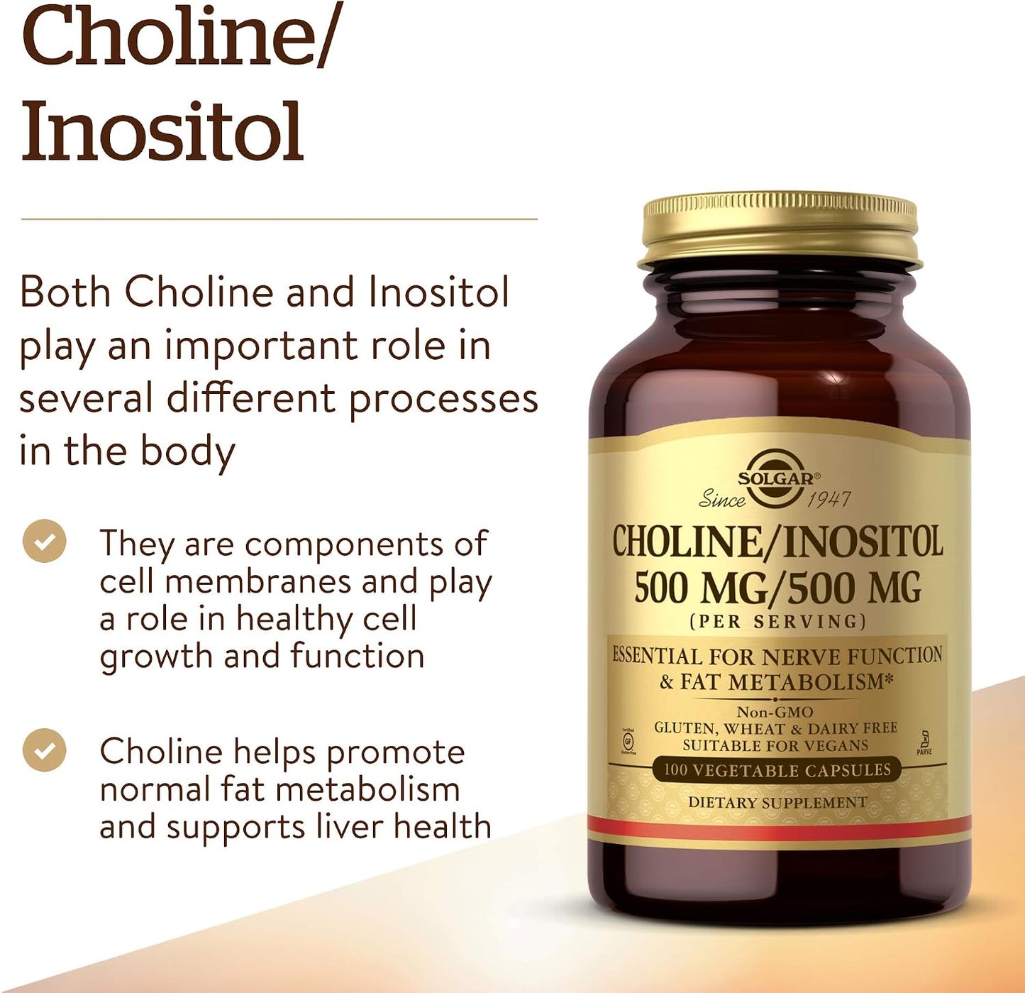 Solgar Choline/Inositol 500 mg/500 mg, 100 Vegetable Capsules - görsel 3