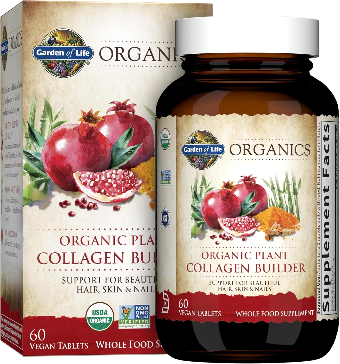 Garden of Life Organics Plant Collagen Builder with Biotin & Silica - Plant-Based Collagen Supplement for Hair, Skin, Nails & Joint Support - Organic, Non-GMO, Vegan - 60 Tablets - görsel 1