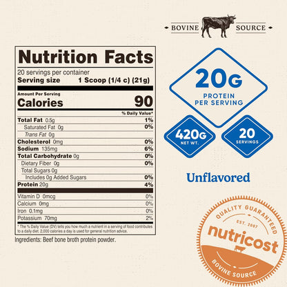Nutricost Beef Bone Broth Protein Powder Unflavoured (20 Servings) - Gluten-free, GM-Free