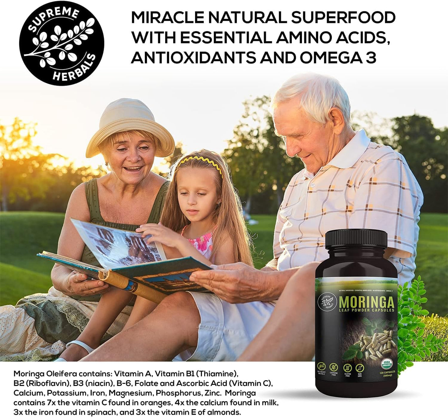 Organic Moringa Capsules – 100% Raw Leaf Powder, 500mg, 120ct - görsel 6