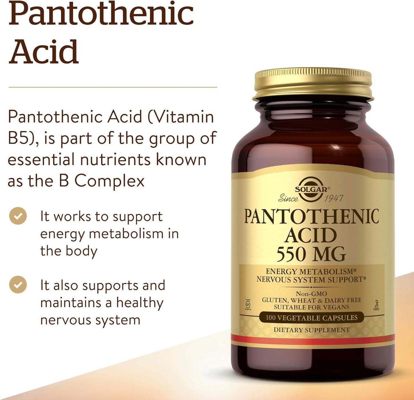 Solgar Pantothenic Acid 550 mg, 100 Vegetable Capsules – Vitamin B5 - görsel 3