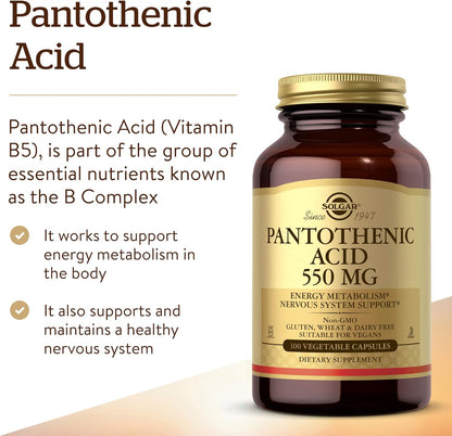Solgar Pantothenic Acid 550 mg, 100 Vegetable Capsules – Vitamin B5