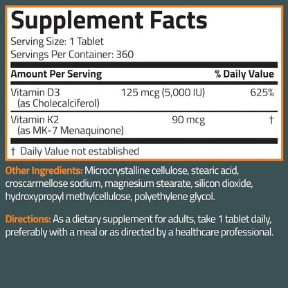 Bronson Vitamin K2 D3 (MK7) Supplement – 5000 IU D3 & 90 mcg K2 MK-7, Non-GMO, 360 Tablets