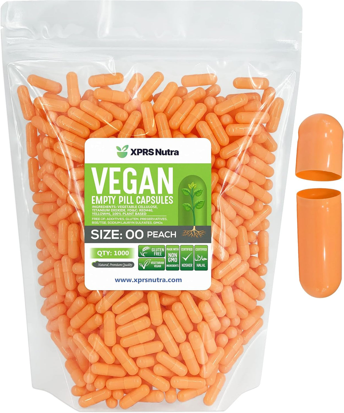 XPRS Nutra Size 00 Empty Vegan Capsules – 1000 Count (Peach) - görsel 1