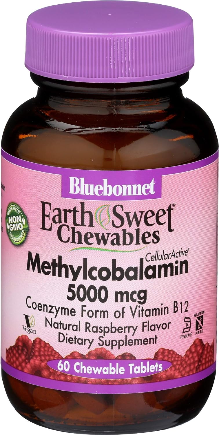 BlueBonnet Nutrition Earth Sweet® Chewables, CellularActive® Methylcobalamin, Raspberry, 5,000 mcg, 60 Chewable Tablets - görsel 1