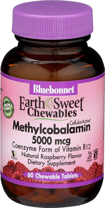 BlueBonnet Nutrition Earth Sweet® Chewables, CellularActive® Methylcobalamin, Raspberry, 5,000 mcg, 60 Chewable Tablets