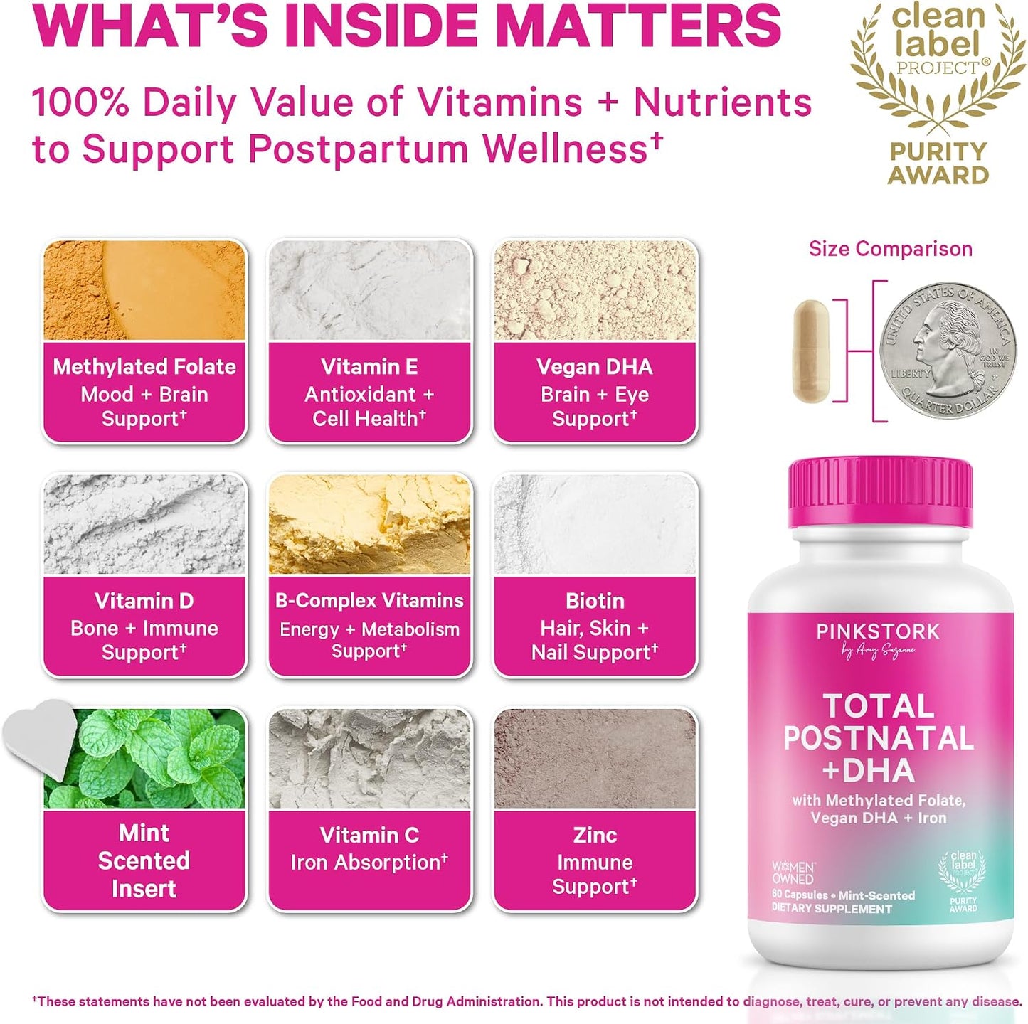 Pink Stork Total Postnatal Vitamins for Women | Vegan Algae DHA, Methylated Folate, Iron, B12 | Postpartum Recovery + Lactation Support | Clean Labelled Award Winner | 60 Capsules, Mint - görsel 2