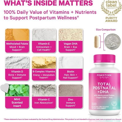 Pink Stork Total Postnatal Vitamins for Women | Vegan Algae DHA, Methylated Folate, Iron, B12 | Postpartum Recovery + Lactation Support | Clean Labelled Award Winner | 60 Capsules, Mint