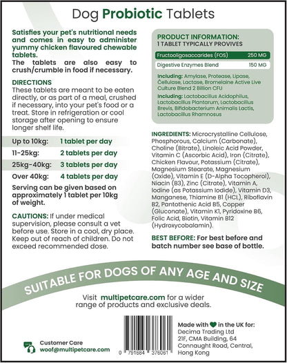 Probiotics for Dogs – 5-Strain 2 Billion CFU + Digestive Enzymes & Prebiotics, Chicken Flavour, 120 Tablets
