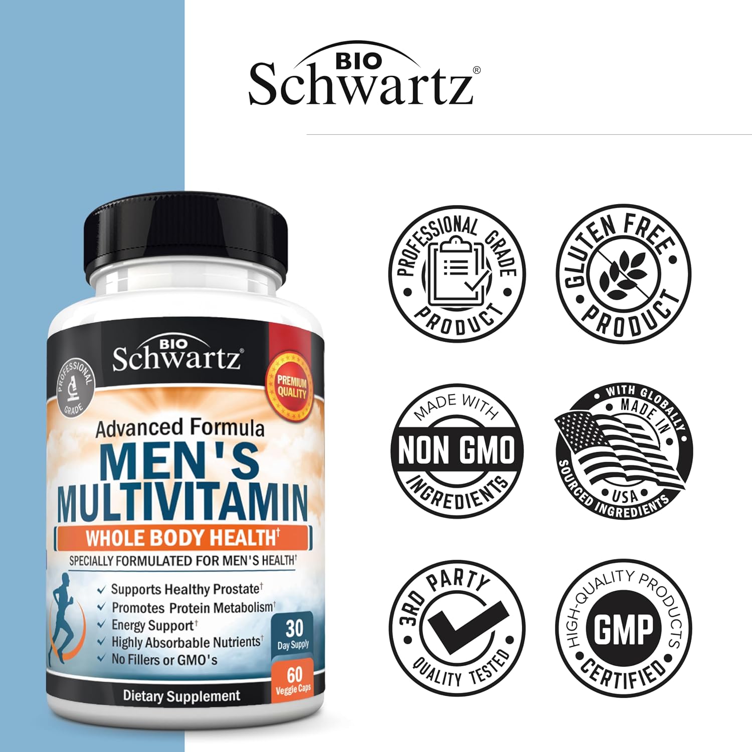 BioSchwartz Men's Multivitamin – Once Daily with Vitamin C, A, B, D3, E, Zinc – 60 Capsules - görsel 5