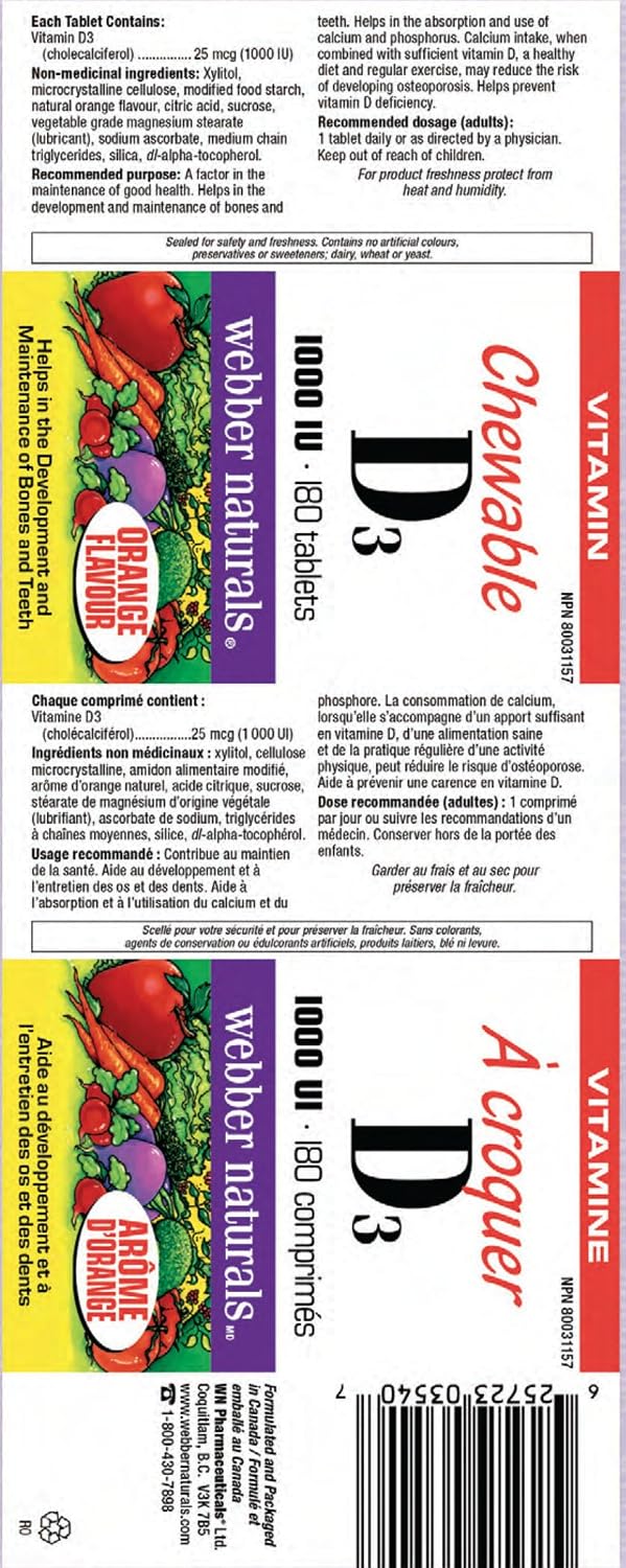 Webber Naturals Vitamin D3, 1000IU Orange Flavour, 180 Chewable Tablets - görsel 1