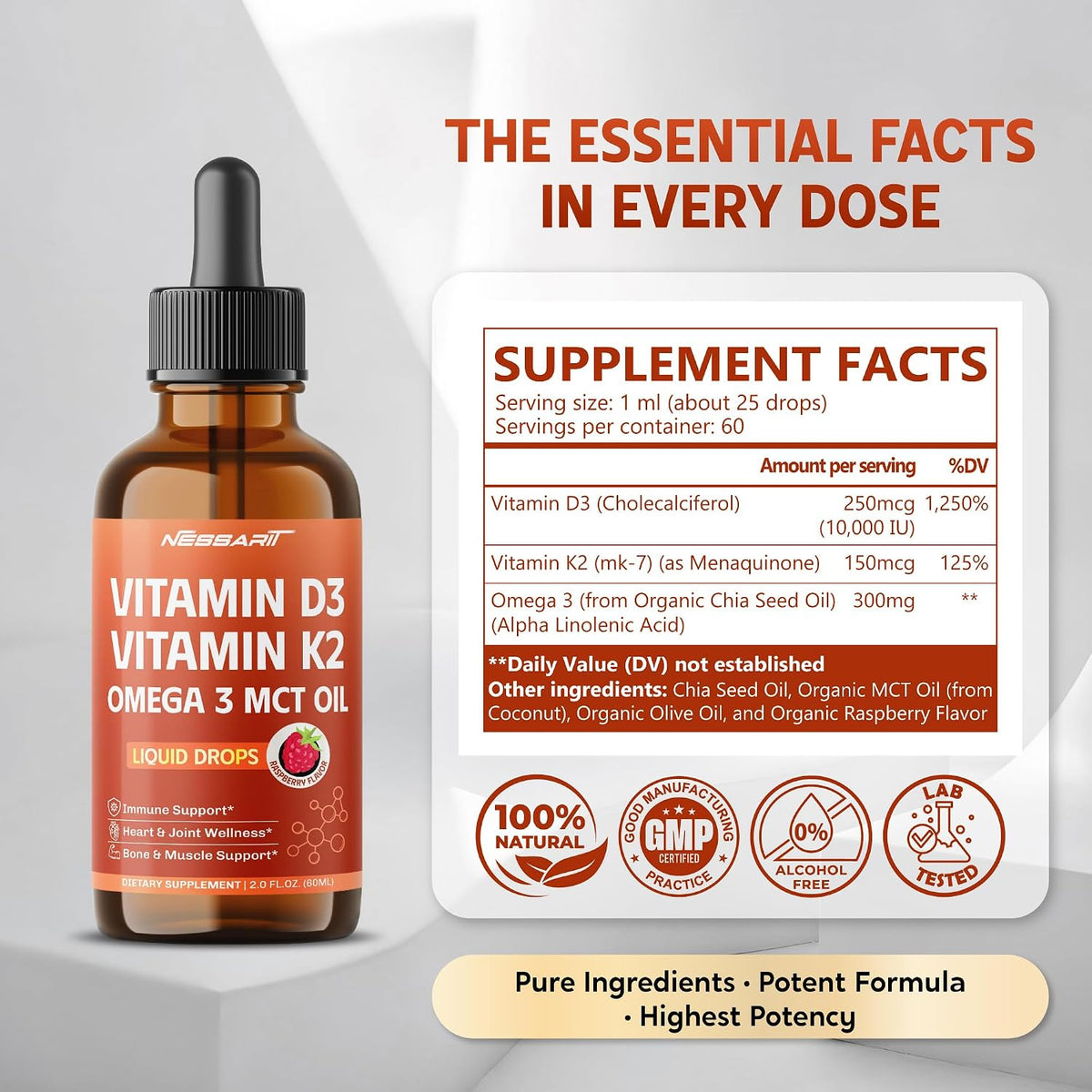 Vitamin D3 10,000 IU & K2 150mcg Liquid Drops with Omega-3 MCT Oil – Immune Support, Heart & Joint Health, Bone & Muscle Support – Raspberry Flavour – 60ml - görsel 2