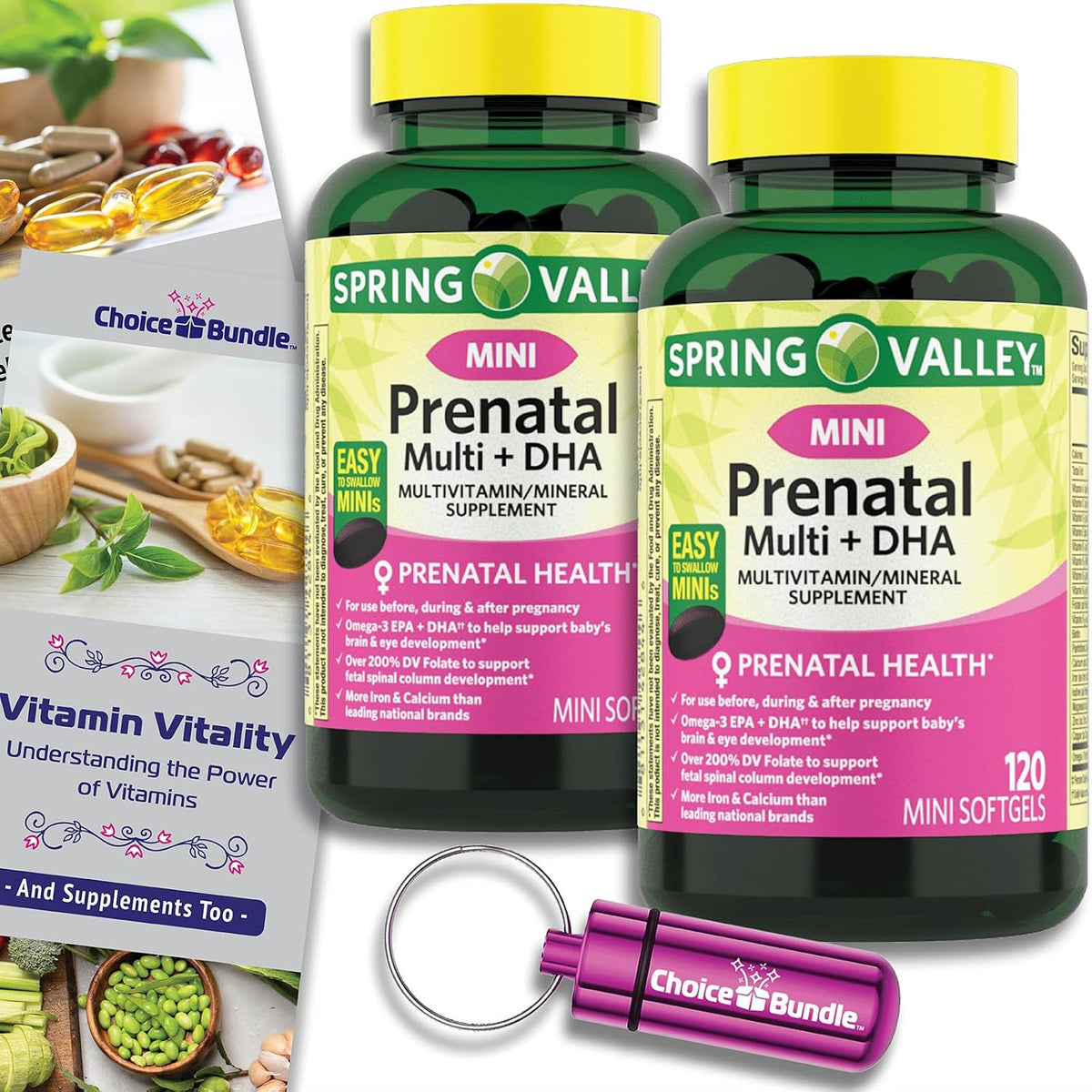 Spring Valley Prenatal Multi + DHA Complete Multivitamin Food Supplement – 2 Bottles of 120 Mini Soft gel capsules with Bonus Guide & Pill Container - görsel 1