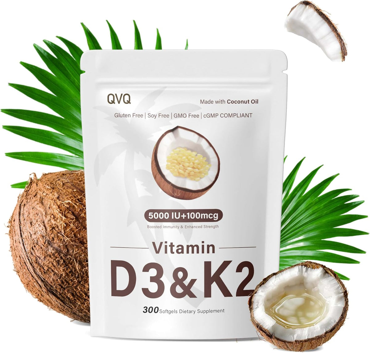 QVQ Vitamin D3 10,000 IU + K2 (MK-7) 200 mcg – Virgin Coconut Oil Soft gel capsules, 300 Count - görsel 10